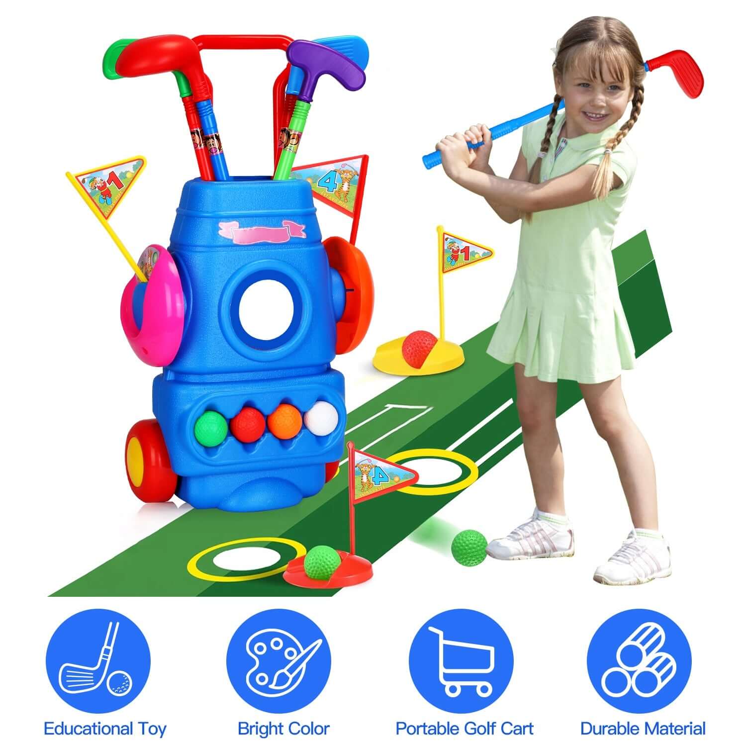Toddler Golf Set for kids With 4 Balls 4 Clubs 2 Holes 2 Flags Golf Cart