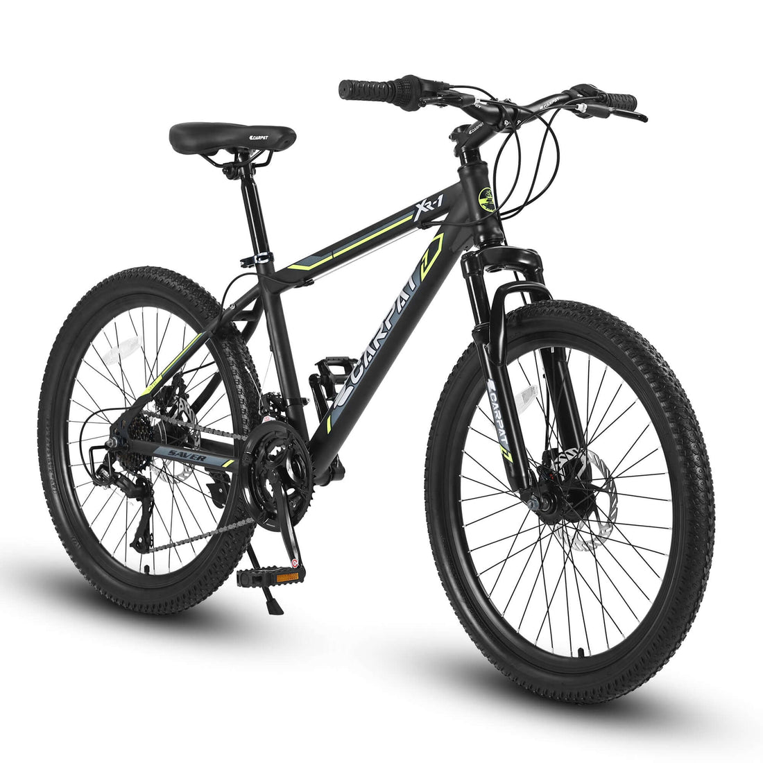S24102 24 Inch Mountain Bike Boys Girls, Steel Frame, Shimano 21 Speed Mountain Bicycle With Daul Disc Brakes And Front Suspension MTB BLACKGREEN
