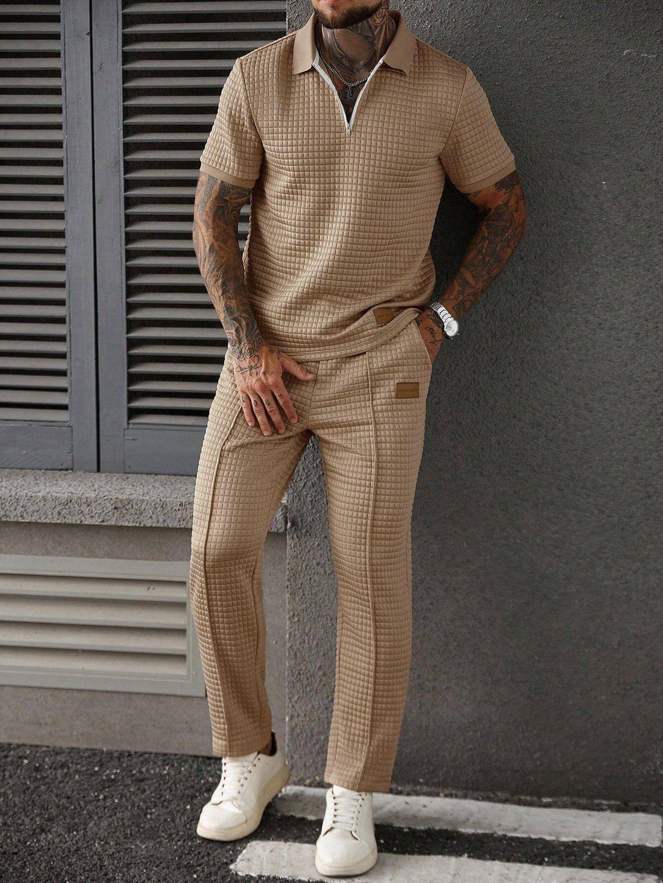 Casual Zip-Up Polo Shirt Top And Pants Two-Piece Set Khaki