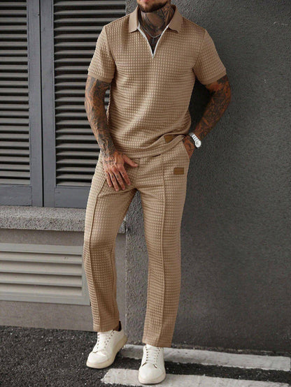 Casual Zip-Up Polo Shirt Top And Pants Two-Piece Set Khaki