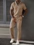 Casual Zip-Up Polo Shirt Top And Pants Two-Piece Set Khaki