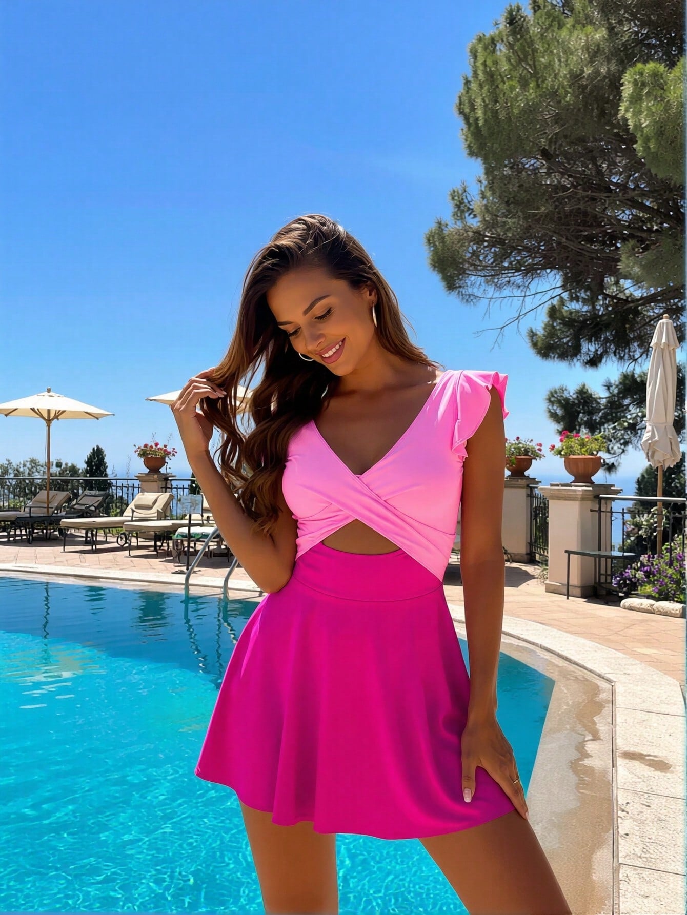 Pink Color Block Ruffle Sleeve Cutout Swim Dress