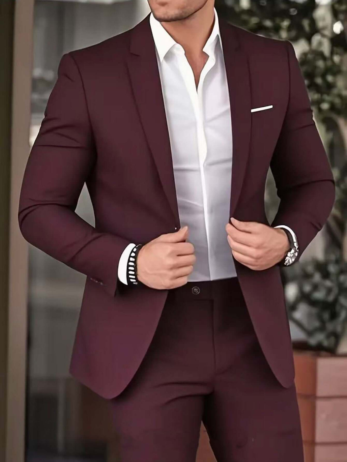 Elegant Banquet Gown Slim-Fit Fashionable Suit And Trousers For Men Wine Red