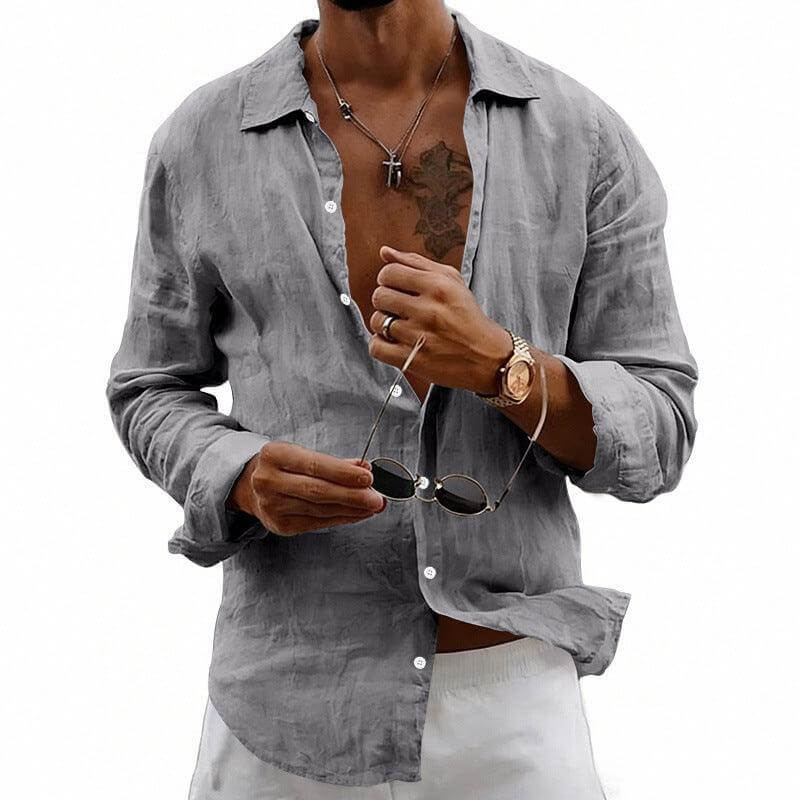 casual linen shirt Loose-fit Cardigan With A Lapel Collar Dark Gray