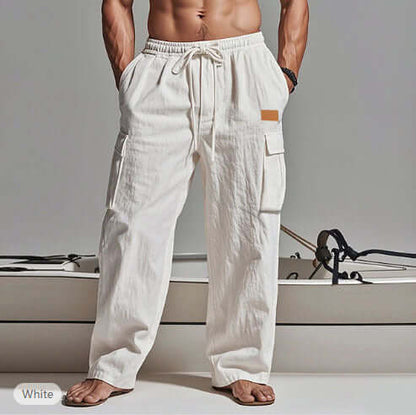 American-style Mens Cotton-linen Four-season Thin Breathable Workwear With Multiple Pockets White