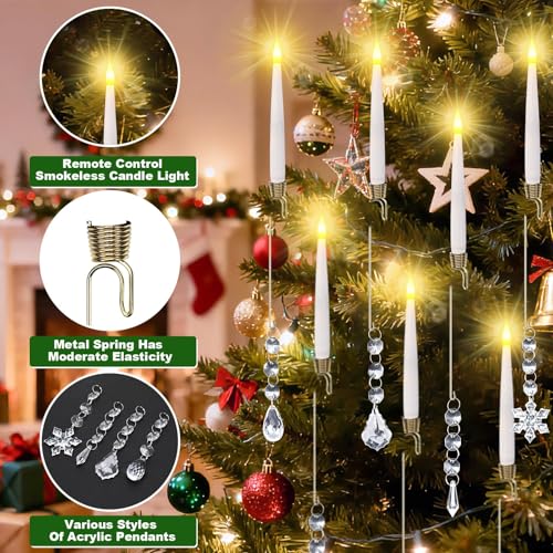 12pcsChristmas Tree Candle Flameless Taper Window With HookAcrylic Pendant Design, Taper Window Candle, Spring Hook Attached, Indoor Holiday Decor, Flameless Safe