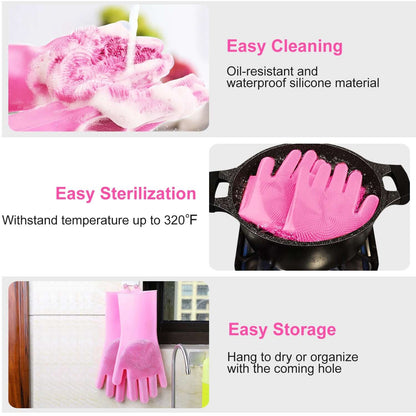 1 Pair Silicone Brush Dishwashing Gloves Cleaning Sponge Pet Scrubber Heat Resistant Wash Gloves