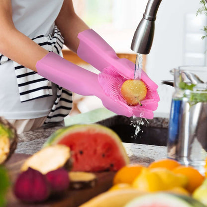 1 Pair Silicone Brush Dishwashing Gloves Cleaning Sponge Pet Scrubber Heat Resistant Wash Gloves
