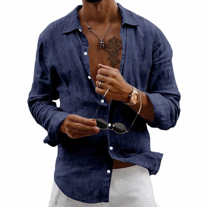 casual linen shirt Loose-fit Cardigan With A Lapel Collar Navy Blue