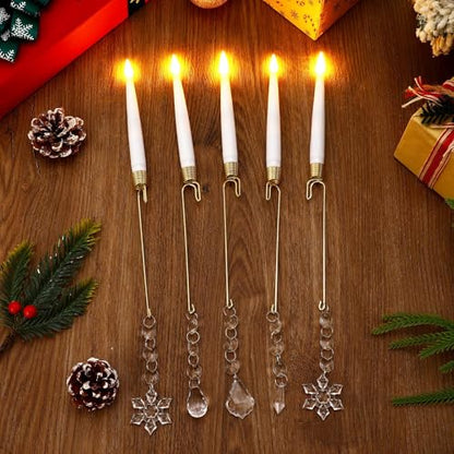 12pcsChristmas Tree Candle Flameless Taper Window With HookAcrylic Pendant Design, Taper Window Candle, Spring Hook Attached, Indoor Holiday Decor, Flameless Safe