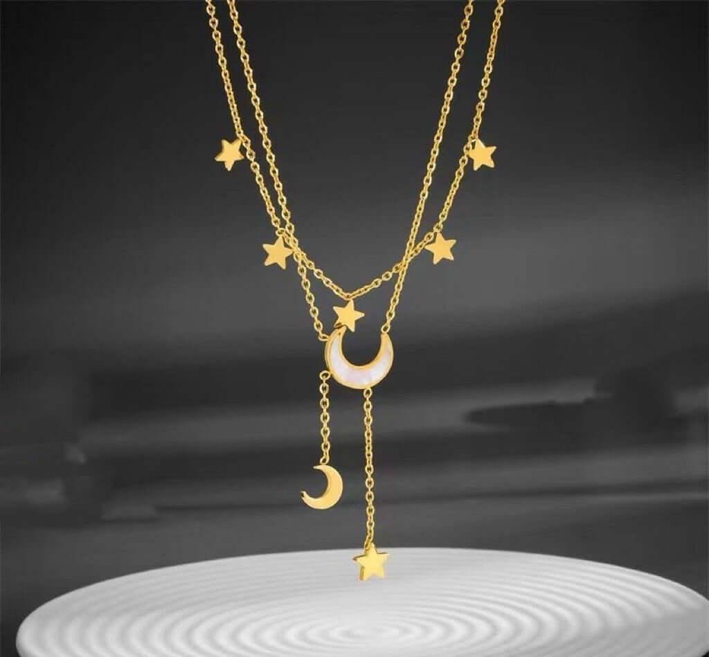 layered gold necklace Moon And Stars Necklace